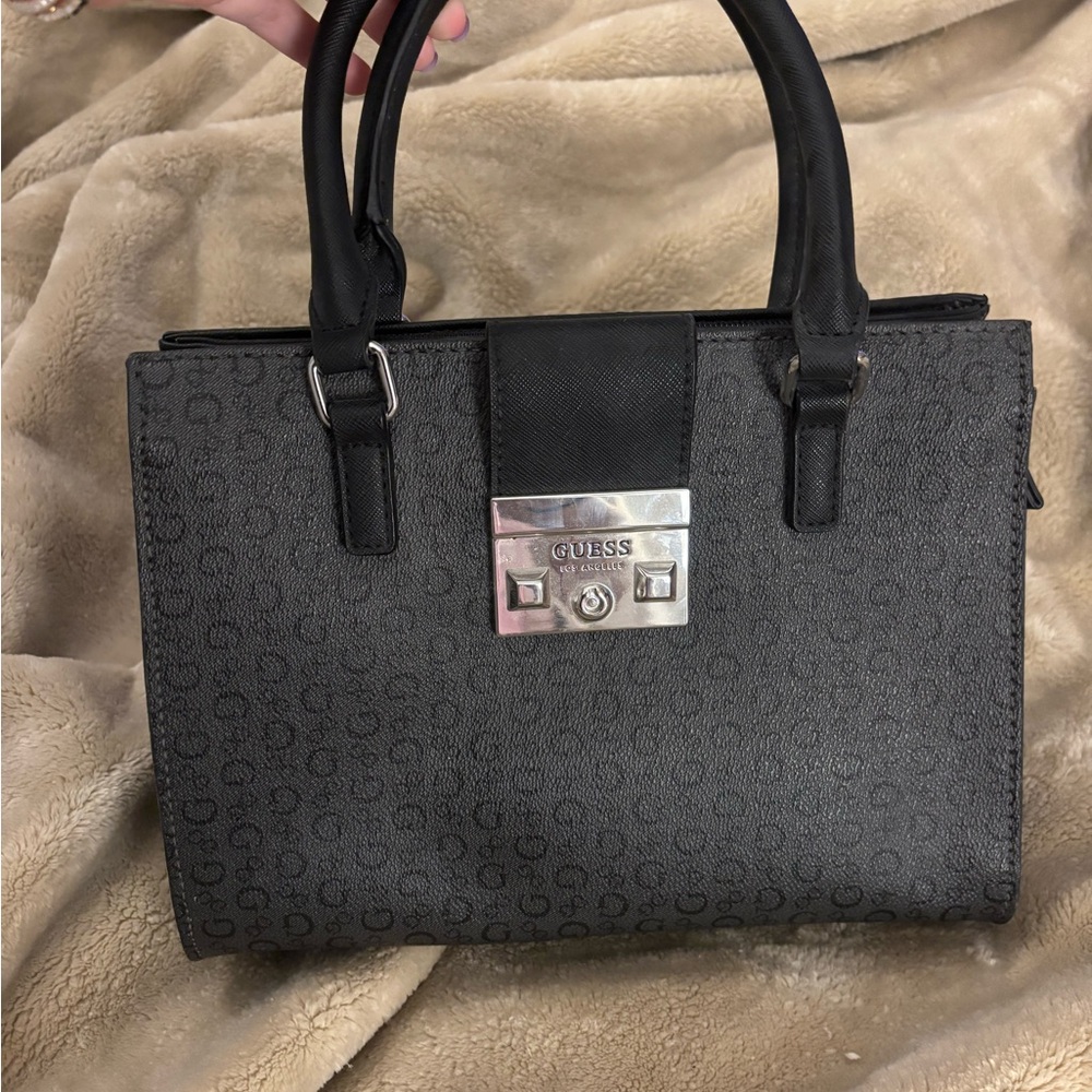 GUESS Textured Black Satchel With Adjustable Strap